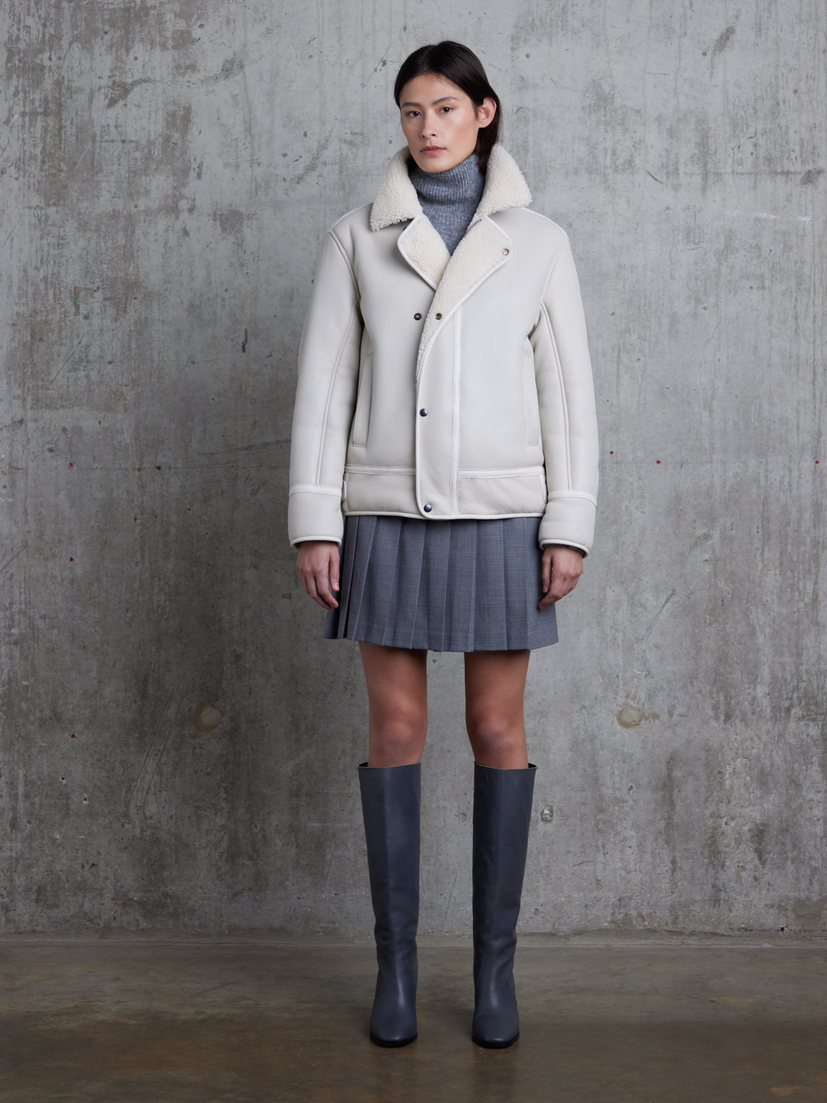 White Shearling Aviator Jacket | Womens | Gushlow & Cole - model full length coat closed front
