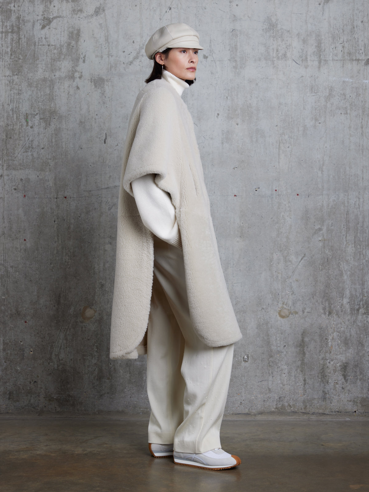 White Shearling Carnaby Cap | Women | Gushlow & Cole - model full length side
