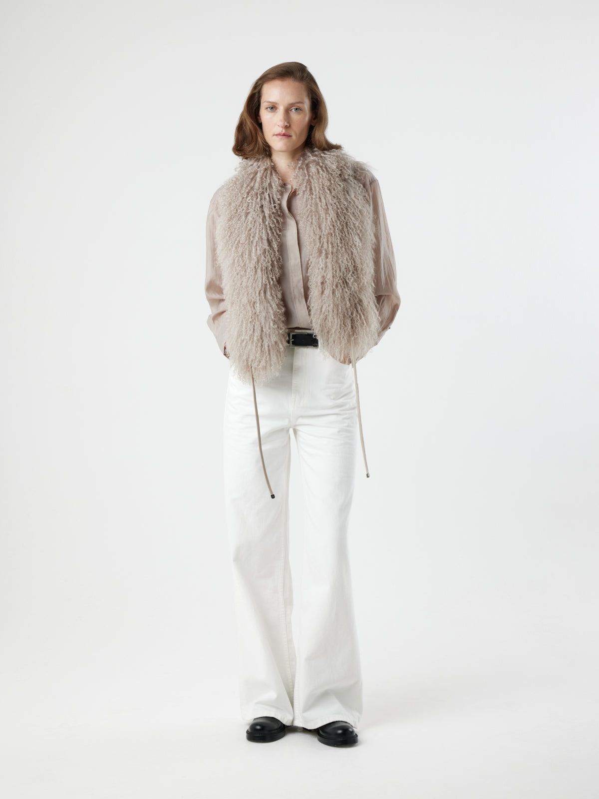 woman wearing oyster White Mongolian Shearling Shawl Scarf by gushlow & cole. sheepskin Shawl Scarf