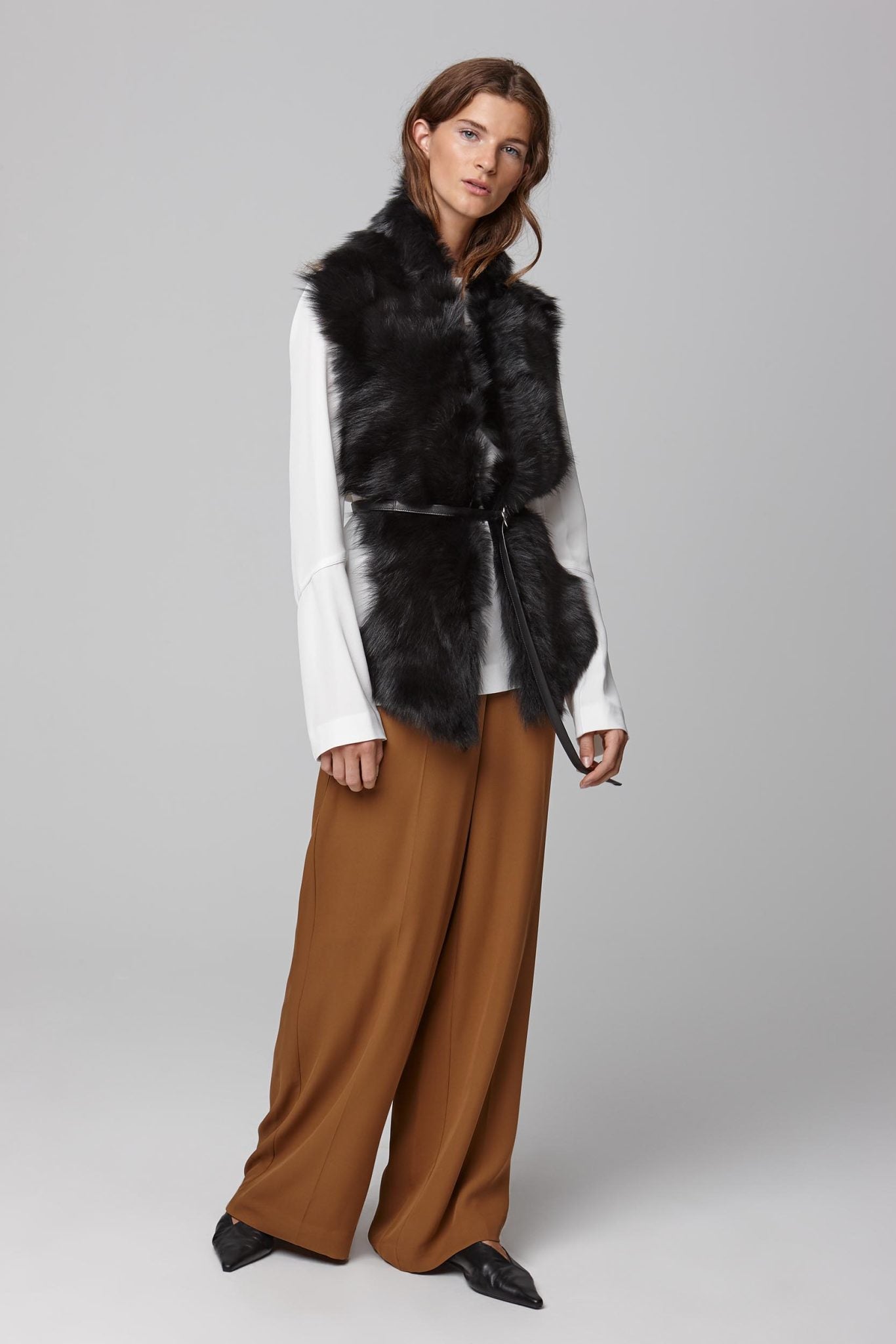 black long shearling scarf with detachable leather belt - women | gushlow and cole - cell image 1