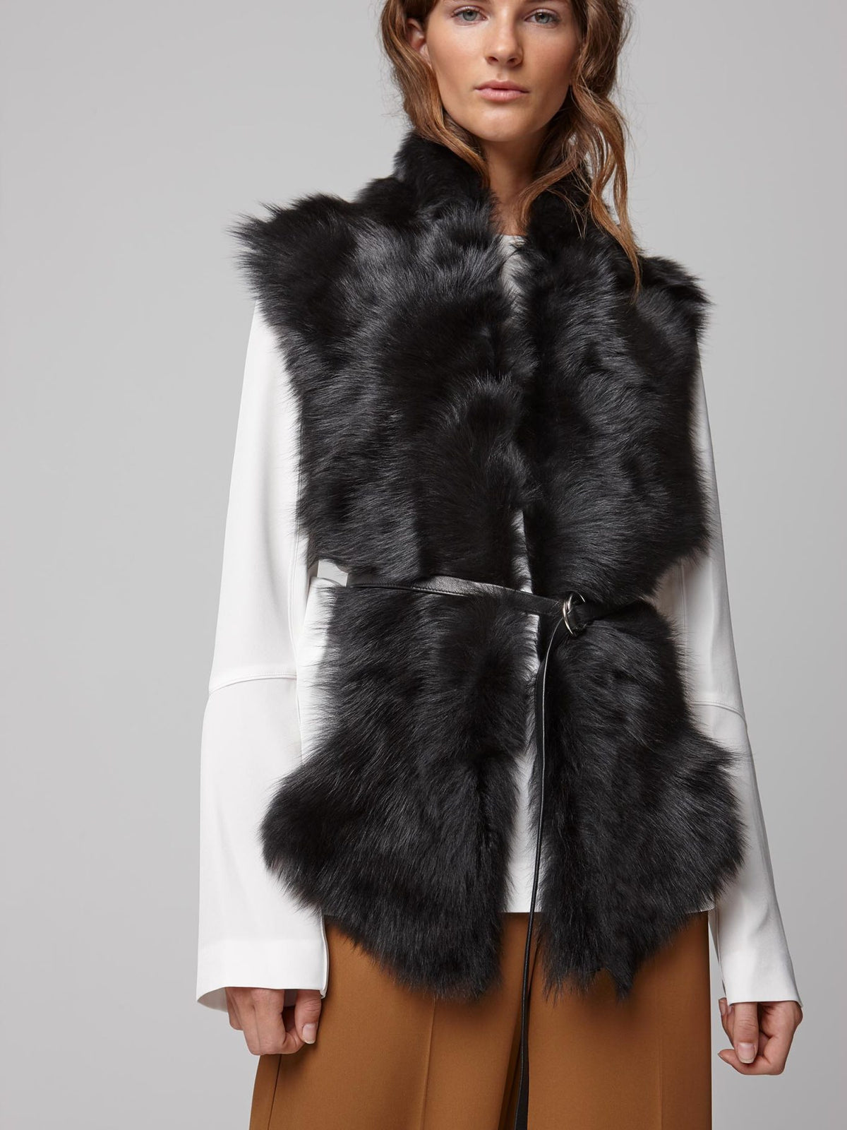black long shearling scarf with detachable leather belt - women | gushlow and cole - cell image 3