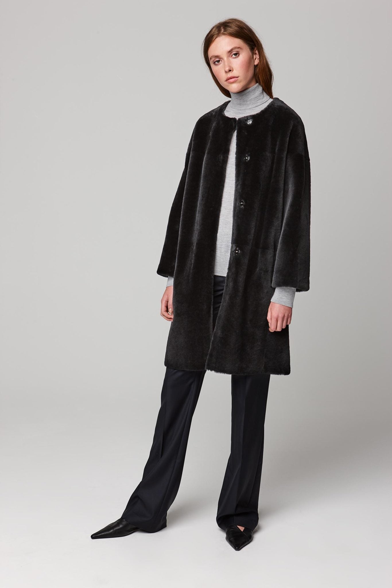 neat collarless shearling coat in dark grey - women | gushlow and cole - cell image 1