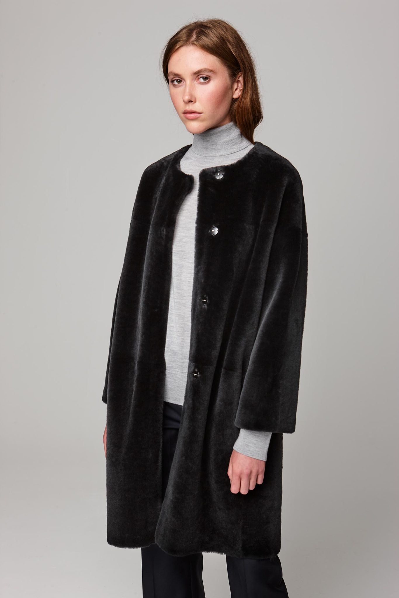 neat collarless shearling coat in dark grey - women | gushlow and cole - cell image 2