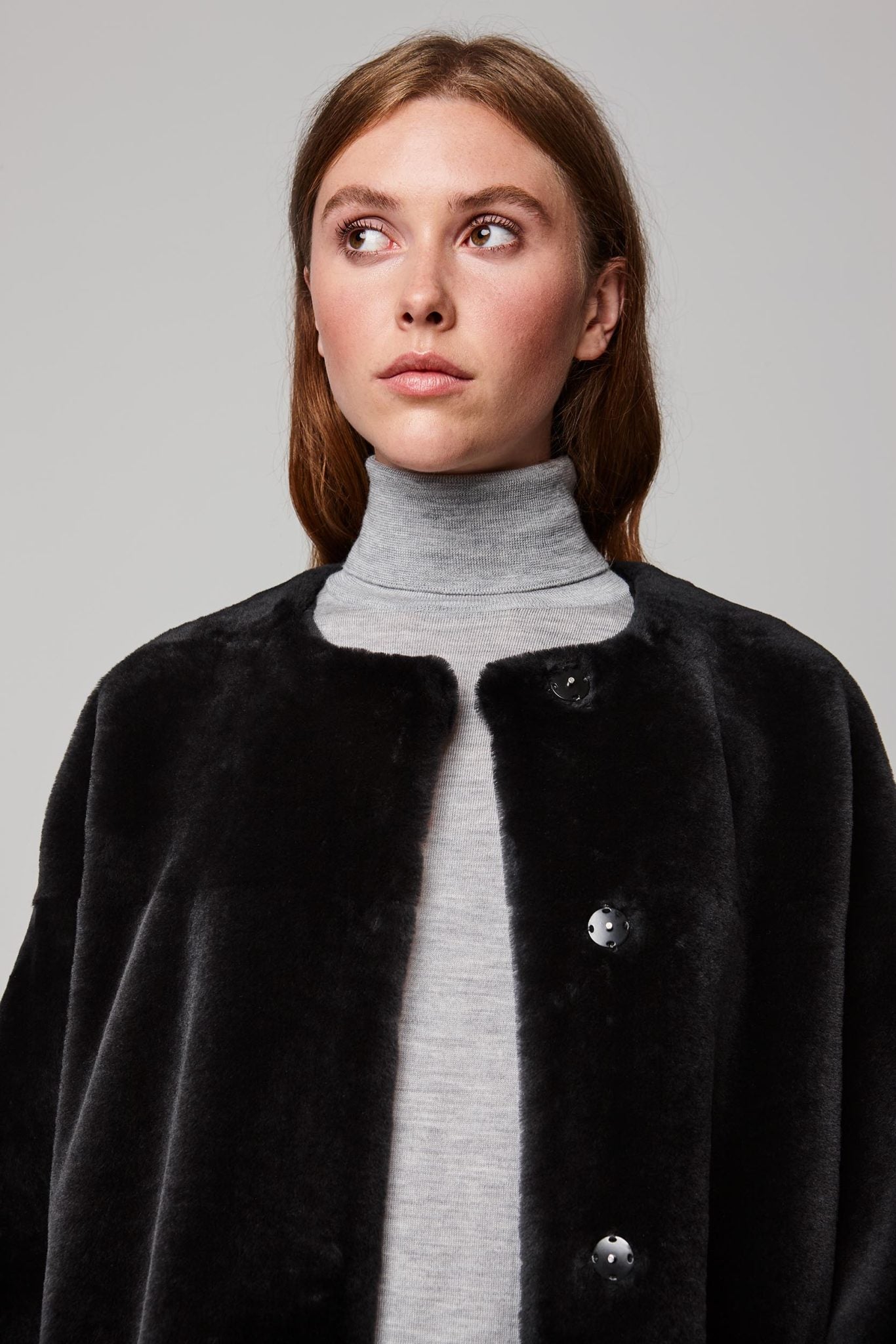 neat collarless shearling coat in dark grey - women | gushlow and cole - cell image 5