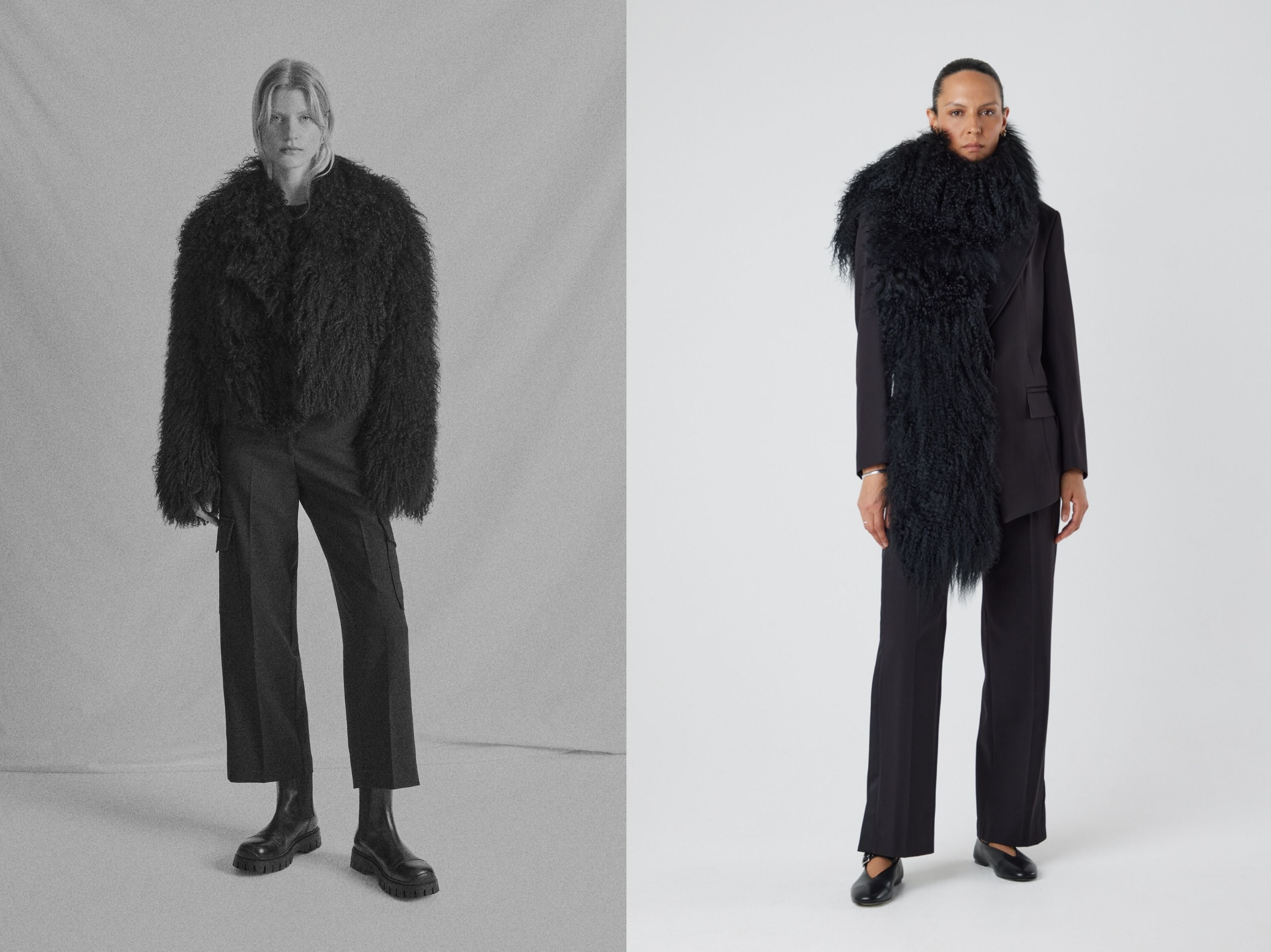 woman wearing gushlow & cole black mongolian jacket and mongolian scarf