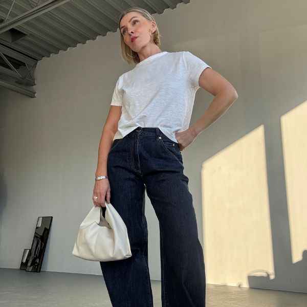 yara svalek wearing white mini shoulder bag in studio - luxury womens shearling and leather gushlow & cole