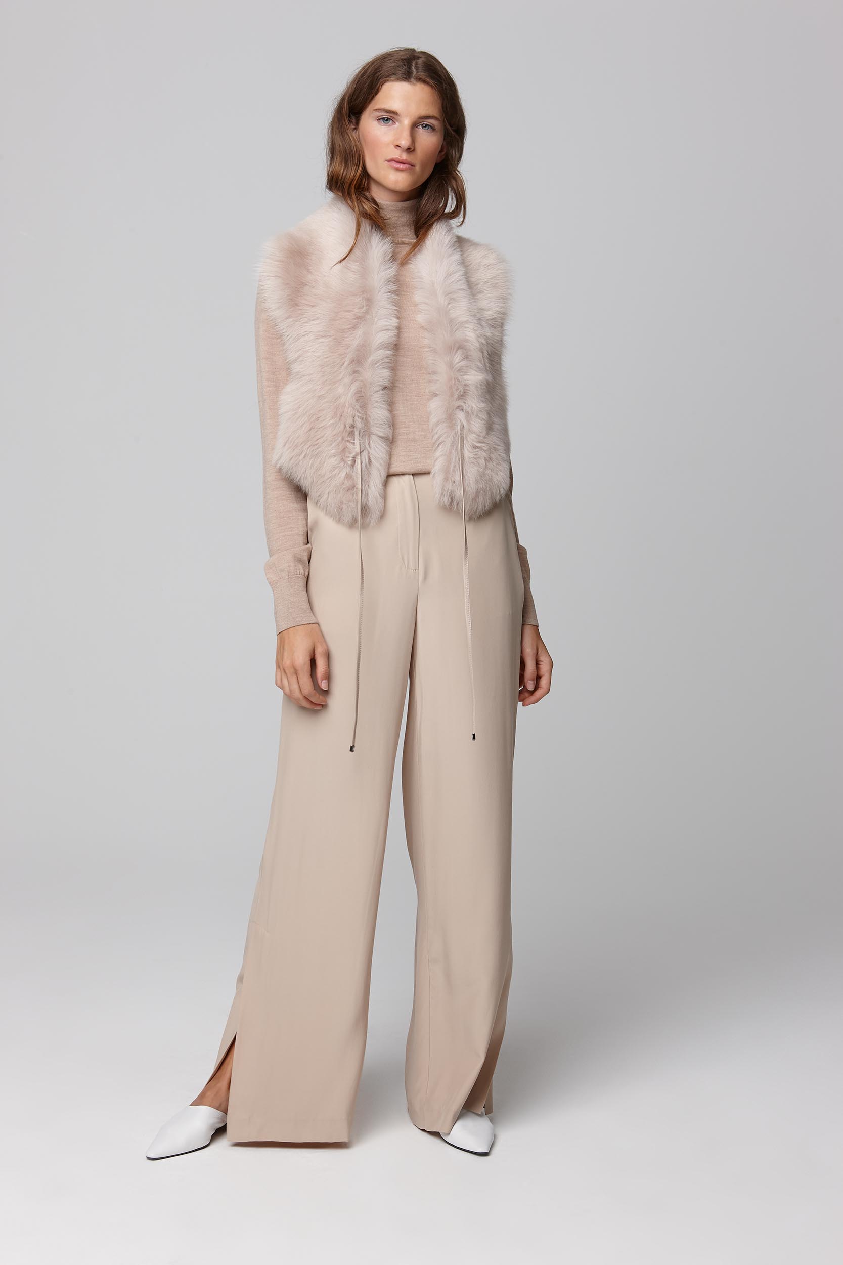 beige shearling shawl scarf with leather tie - women | gushlow and cole - cell image 1