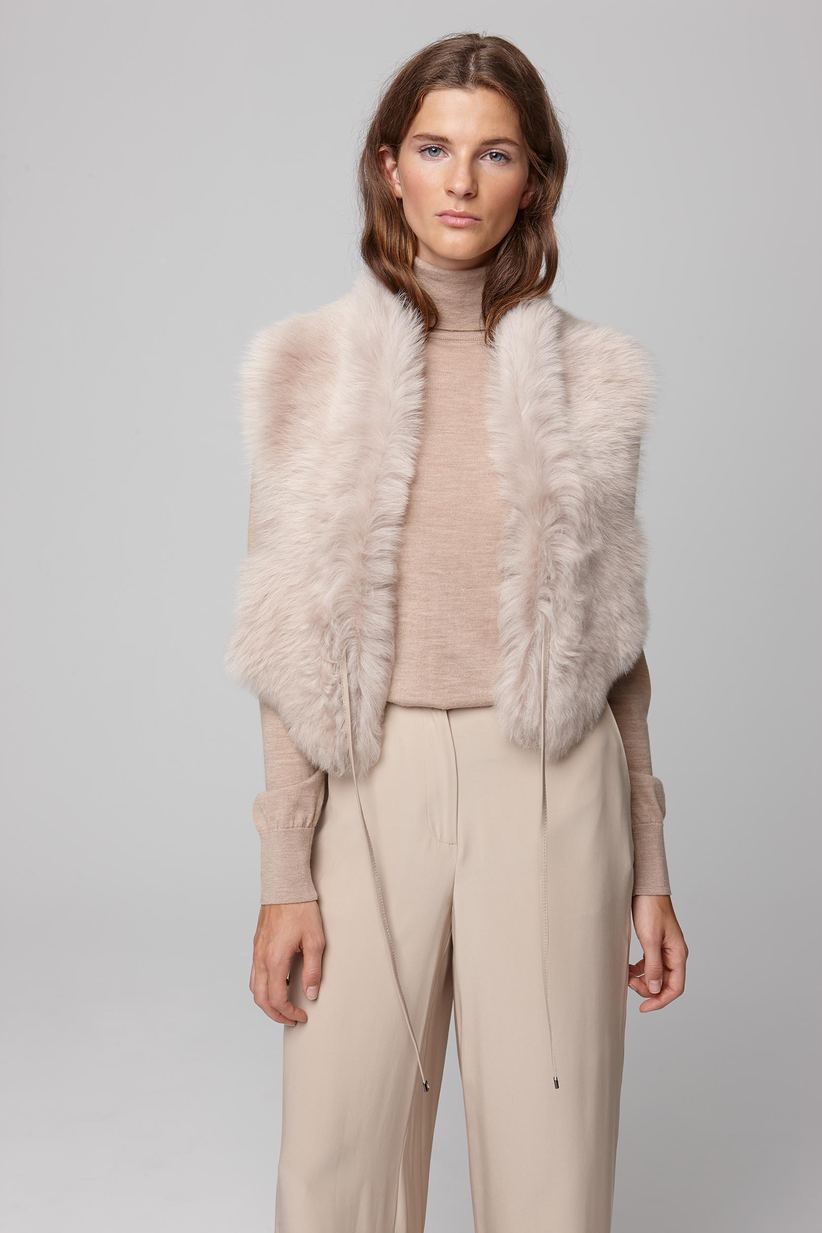 beige shearling shawl scarf with leather tie - women | gushlow and cole - cell image 2