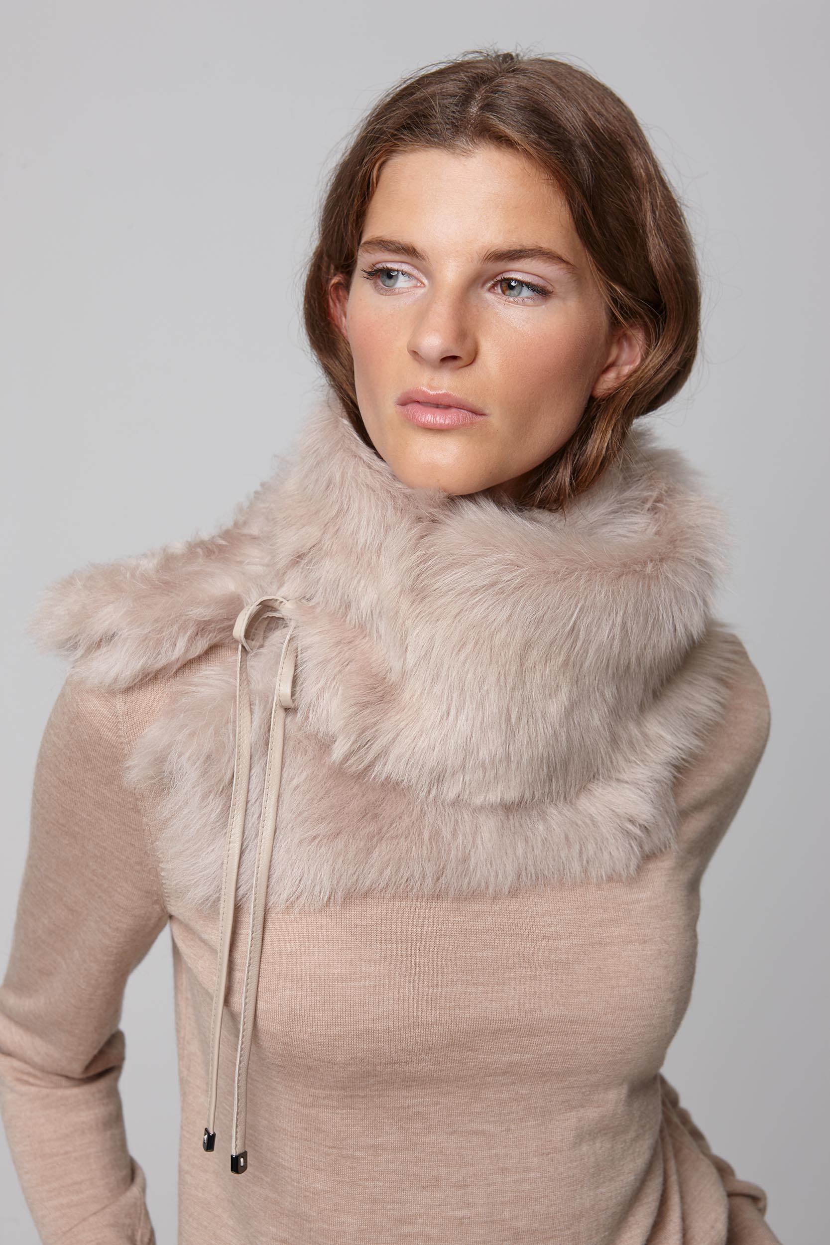 beige shearling shawl scarf with leather tie - women | gushlow and cole - cell image 3