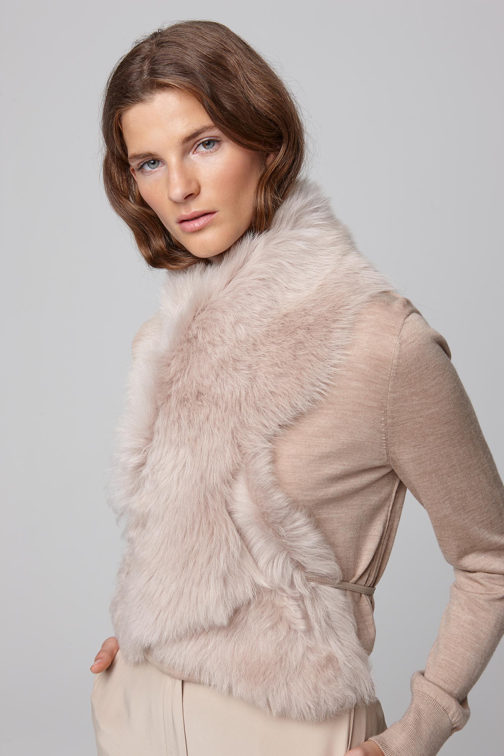 beige shearling shawl scarf with leather tie - women | gushlow and cole - cell image 4