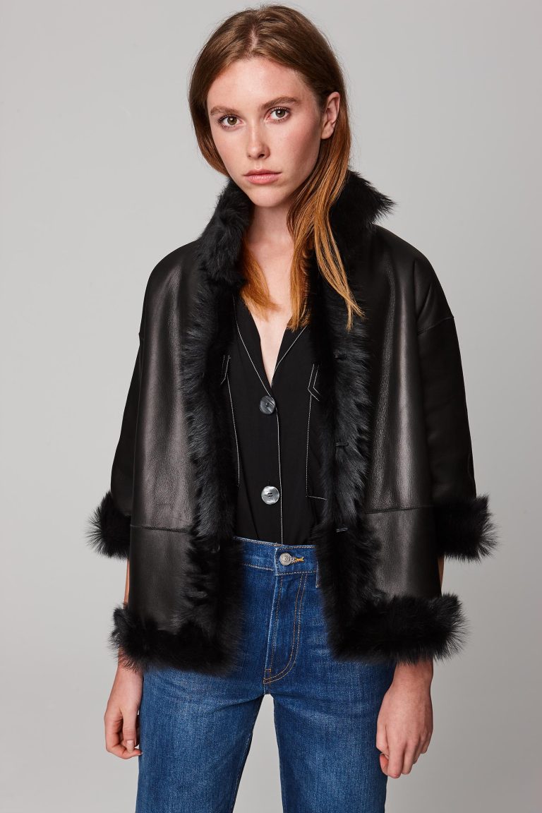 funnel collar shearling jacket in black - women | gushlow and cole - cell image 1