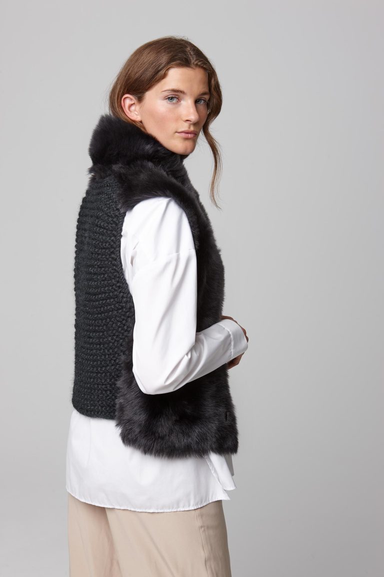 shearling and hand knit gilet in black - women | gushlow and cole - cell image 3