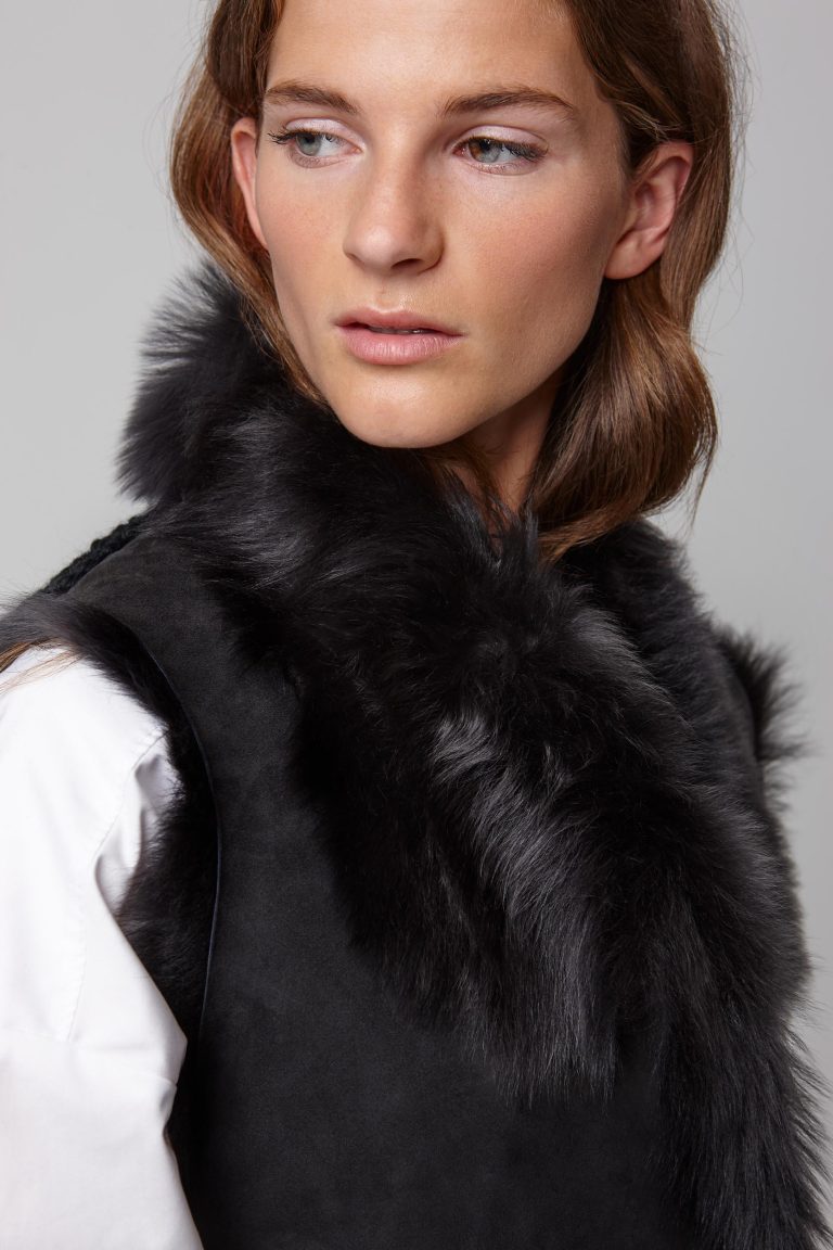 shearling and hand knit gilet in black - women | gushlow and cole - cell image 4