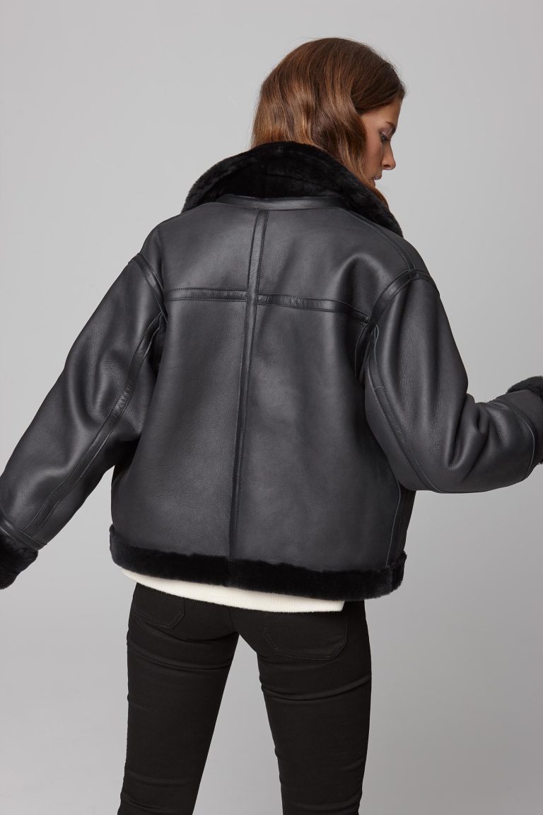 leather trim shearling aviator jacket in black - women | gushlow and cole - cell image 3