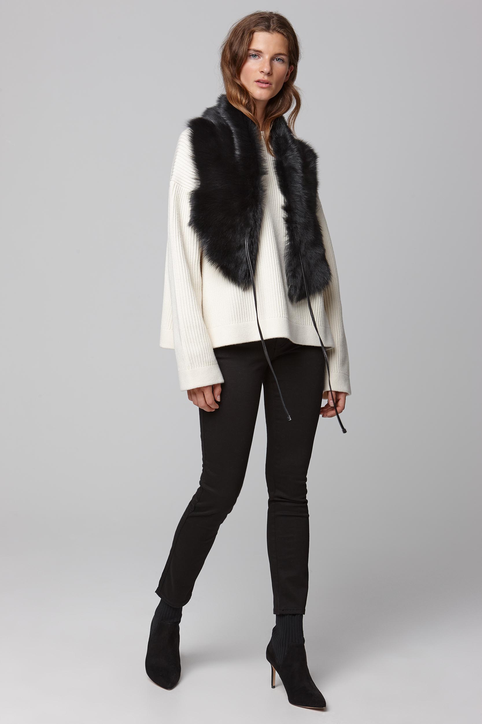 black shearling shawl scarf with leather tie - women | gushlow and cole - cell image 1