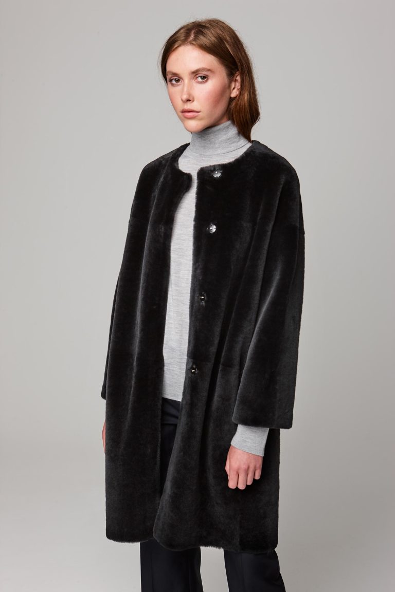 neat collarless shearling coat in dark grey - women | gushlow and cole - cell image 2