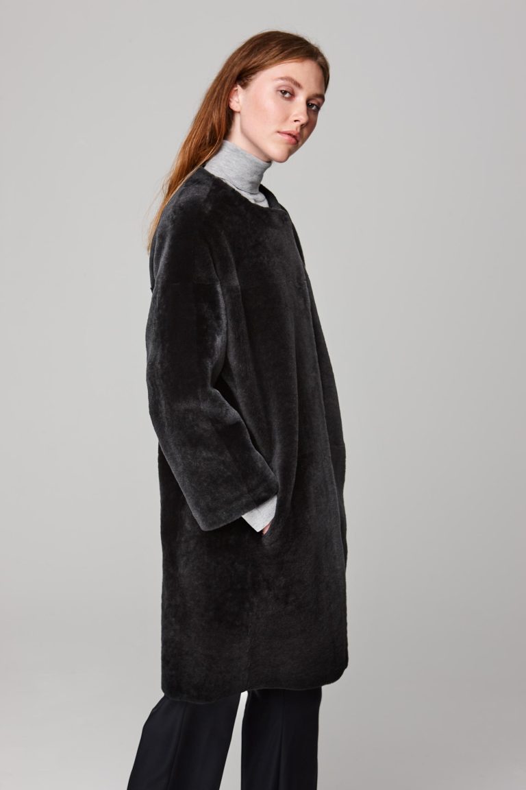 neat collarless shearling coat in dark grey - women | gushlow and cole - cell image 3