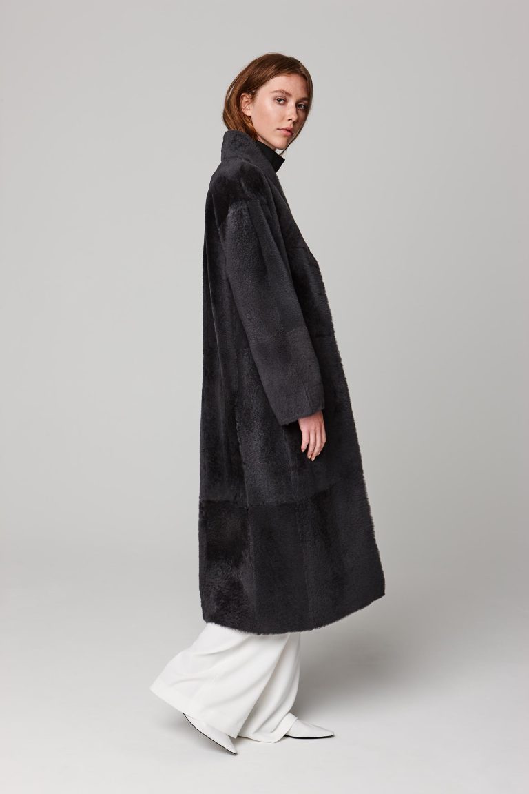 ultra soft stand collar long shearling coat in dark grey - women | gushlow and cole - cell image 1