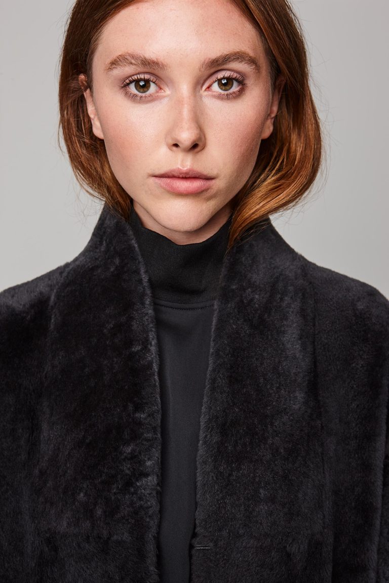 ultra soft stand collar long shearling coat in dark grey - women | gushlow and cole - cell image 5