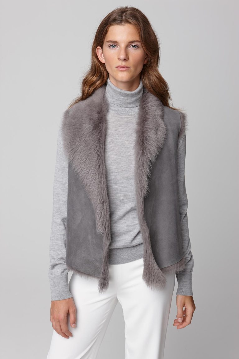 shearling and hand knit gilet in grey - women | gushlow and cole - cell image 2