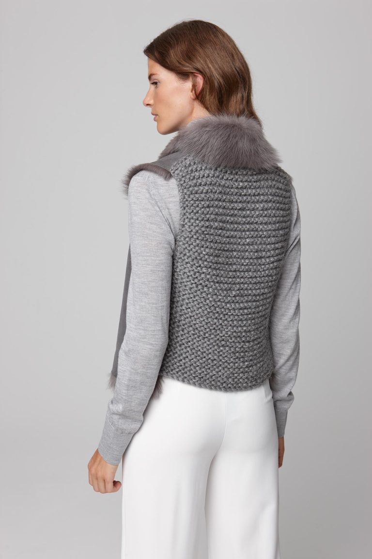 shearling and hand knit gilet in grey - women | gushlow and cole - cell image 3