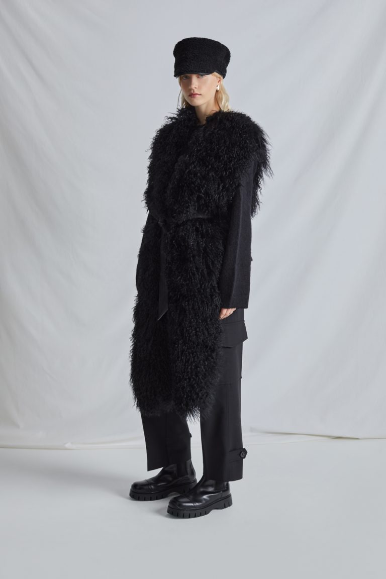 leather trimmed black shearling cap - women | gushlow and cole - model full length with hat