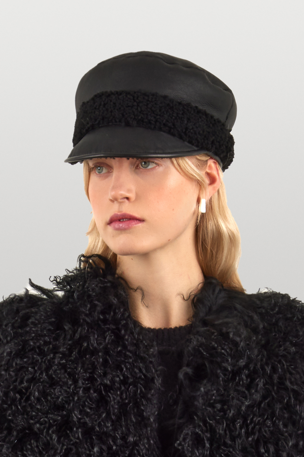 leather trimmed black shearling cap - women | gushlow and cole - front reversed