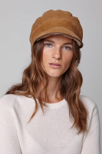Tan Leather Bound Shearling Cap | Womens | Gushlow & Cole - model front on