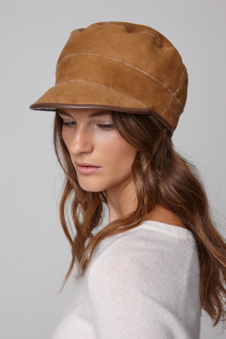 Tan Leather Bound Shearling Cap | Womens | Gushlow & Cole - model side profile