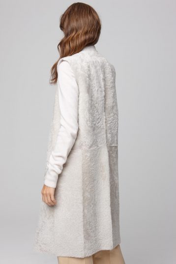 White Stand Collar Long Shearling Gilet - model crop back - gushlow & cole