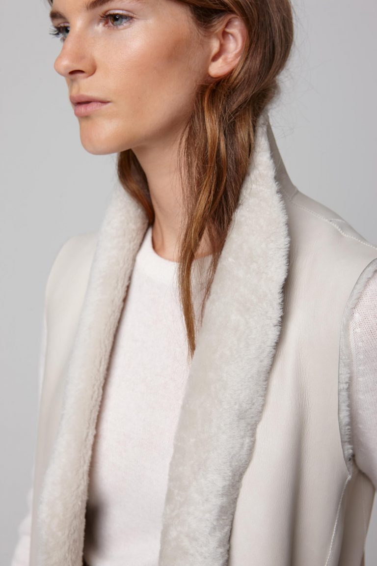 White Stand Collar Long Shearling Gilet - model crop - gushlow & cole