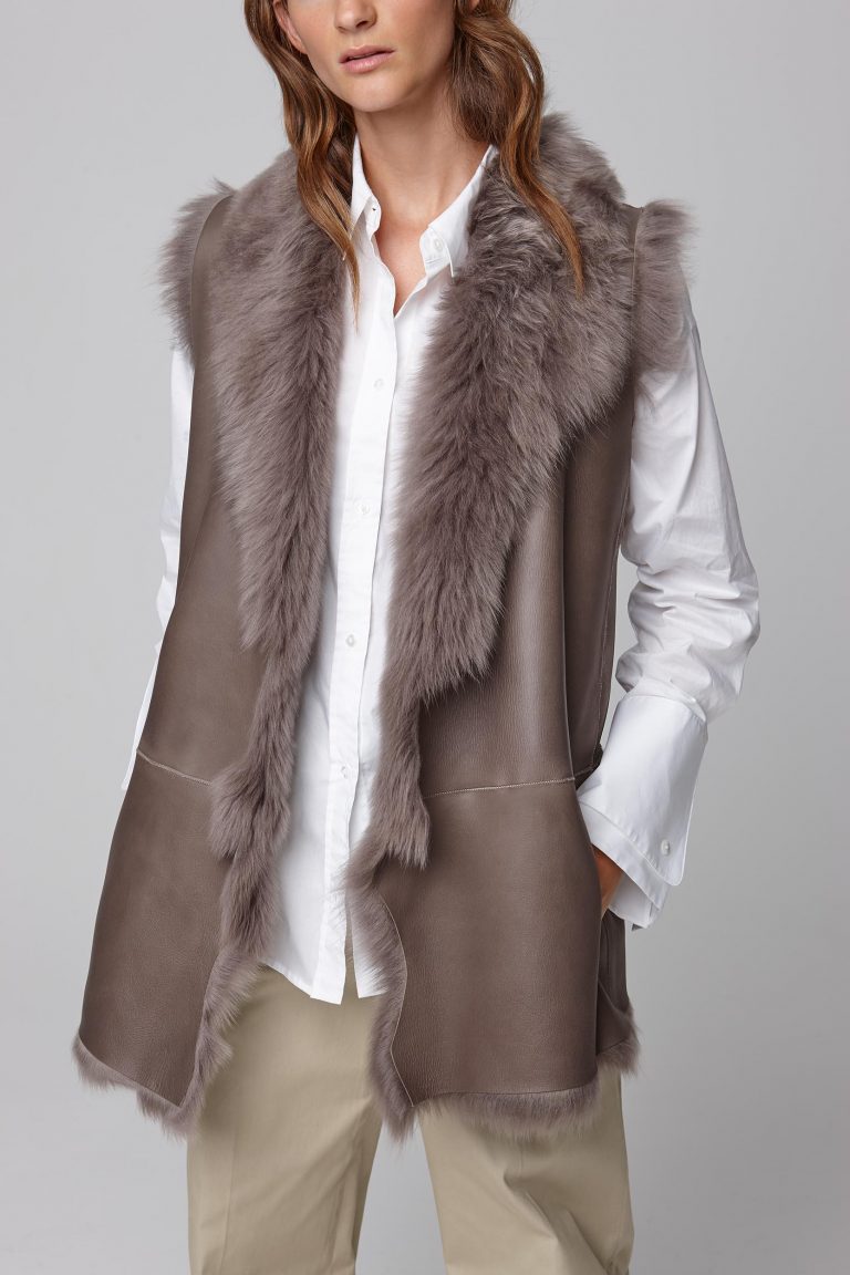mid length rough cut taupe shearling gilet - women | gushlow and cole - cell image 1