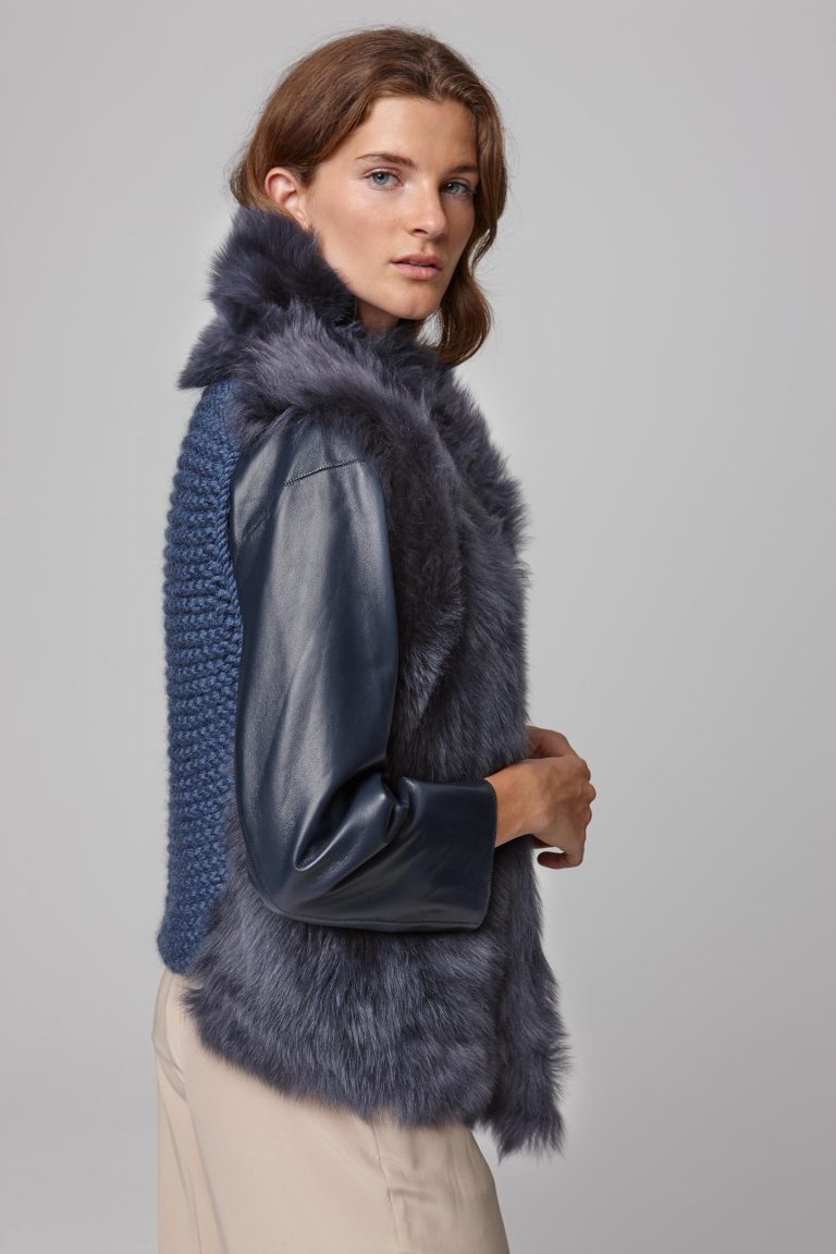shearling and hand knit gilet in navy - women | gushlow and cole - cell image 5