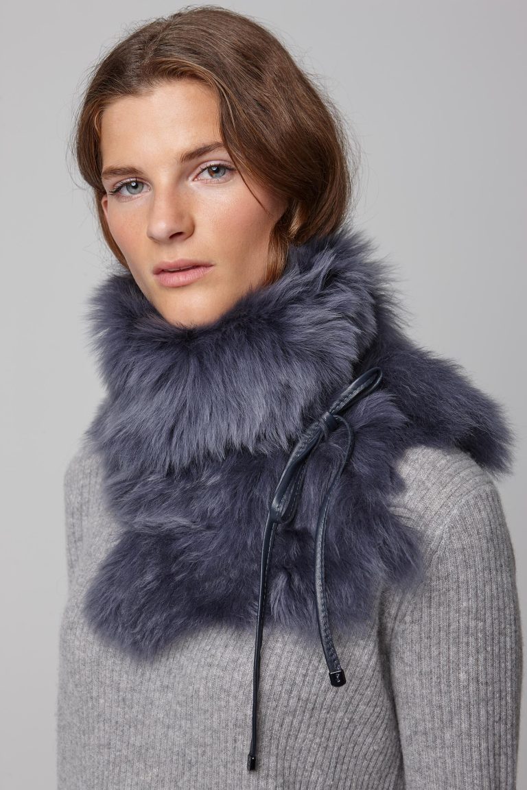 navy shearling shawl scarf with leather tie - women | gushlow and cole - cell image 3
