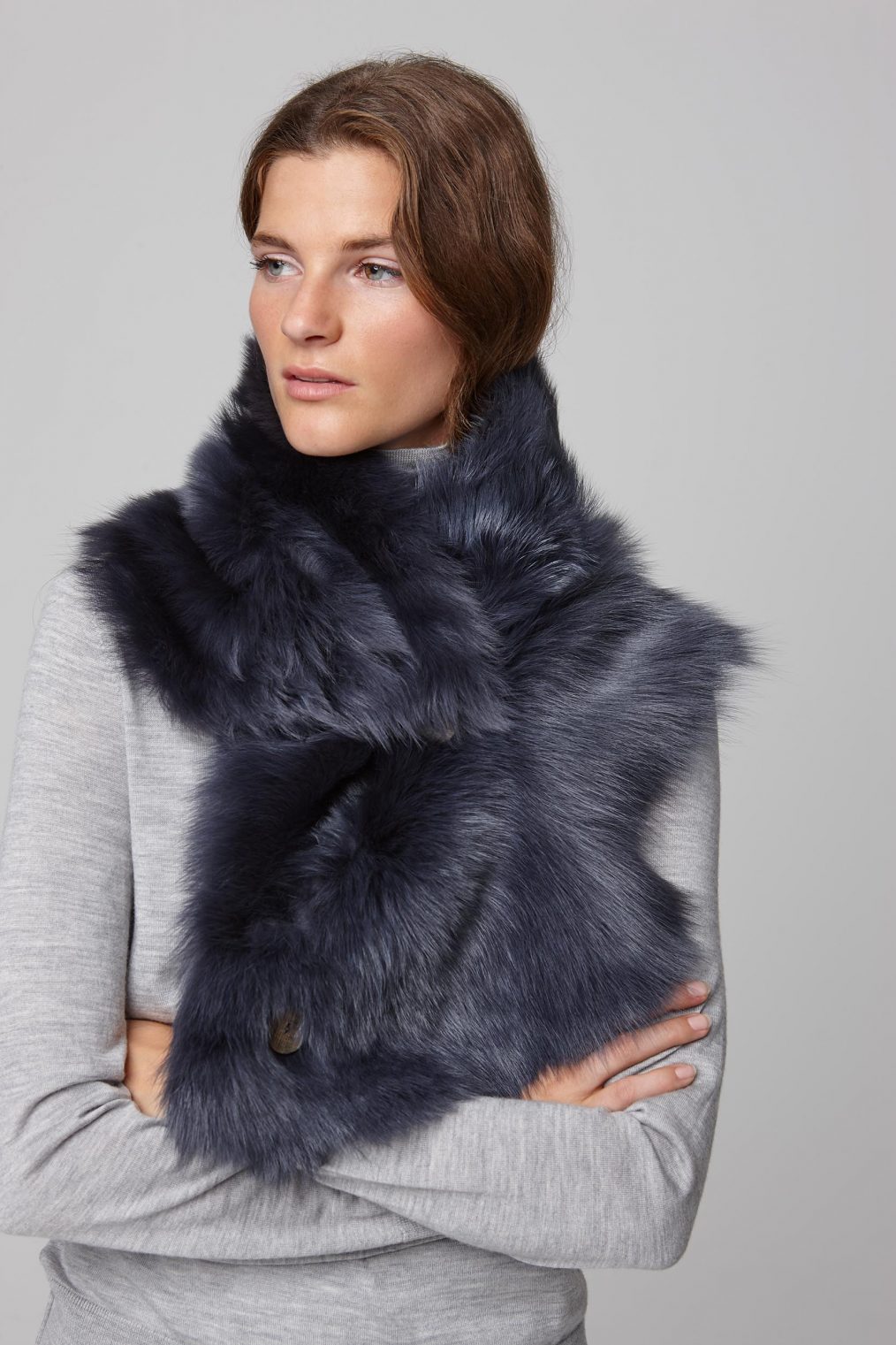Two Button Shearling Snood Scarf in Navy | Women | Gushlow & Cole