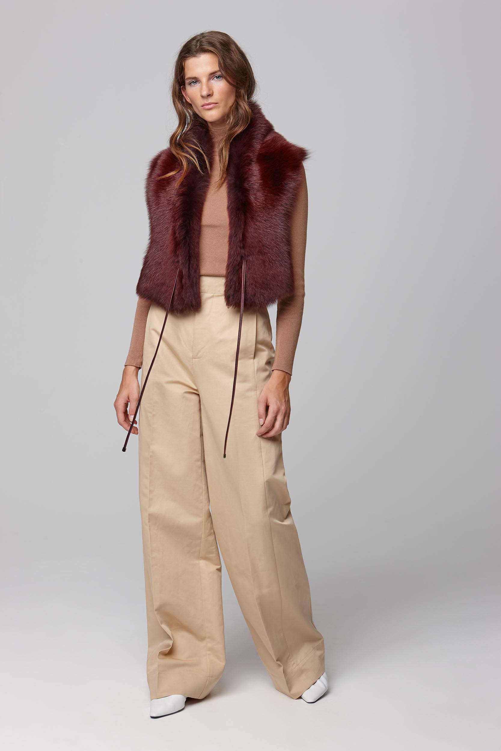 red shearling shawl scarf with leather tie - women | gushlow and cole - cell image 1