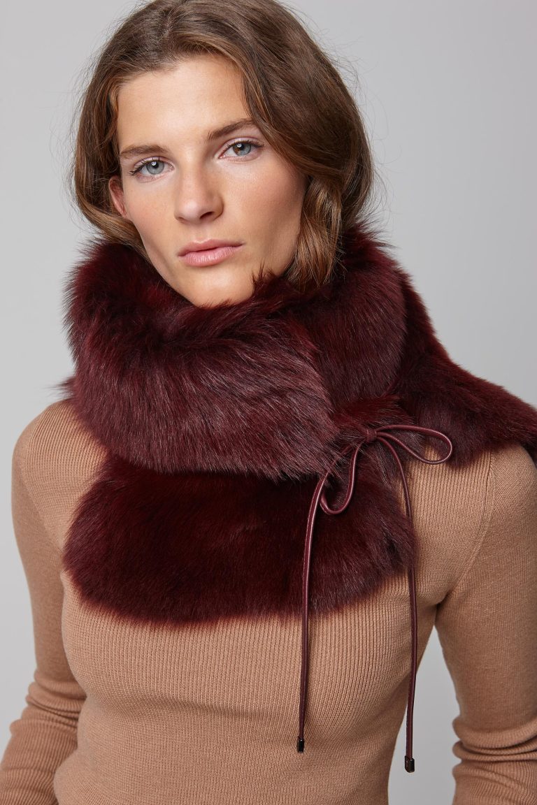 red shearling shawl scarf with leather tie - women | gushlow and cole - cell image 3