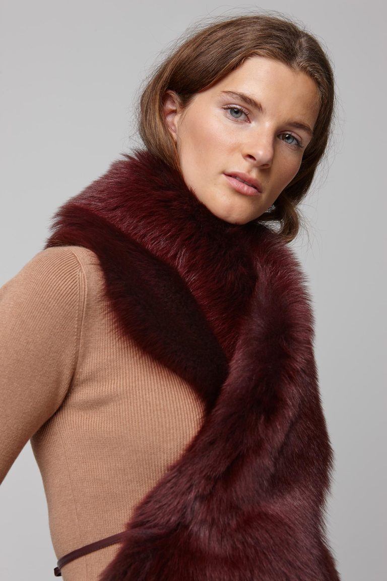 red shearling shawl scarf with leather tie - women | gushlow and cole - cell image 5