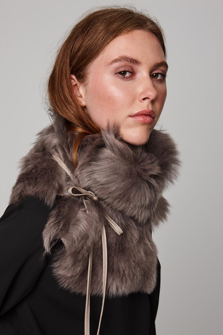 taupe shearling shawl scarf with leather tie - women | gushlow and cole - cell image 4