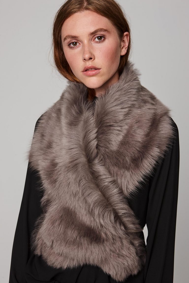 taupe shearling shawl scarf with leather tie - women | gushlow and cole - cell image 5