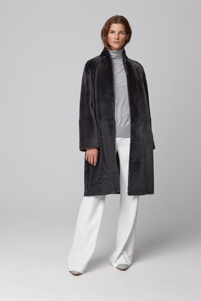 ultra soft stand collar dark grey shearling coat - women | gushlow and cole - cell image 1