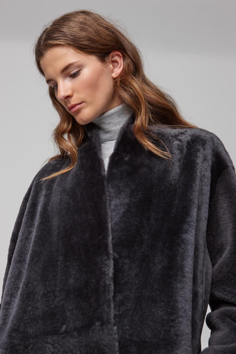 ultra soft stand collar dark grey shearling coat - women | gushlow and cole - cell image 4