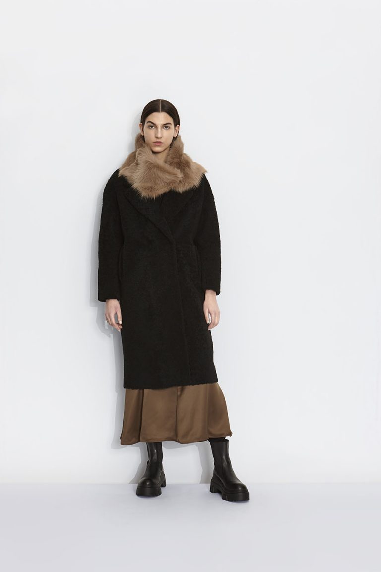 Notch Collar Black Shearling Over Coat | Women | Gushlow and Cole model 2