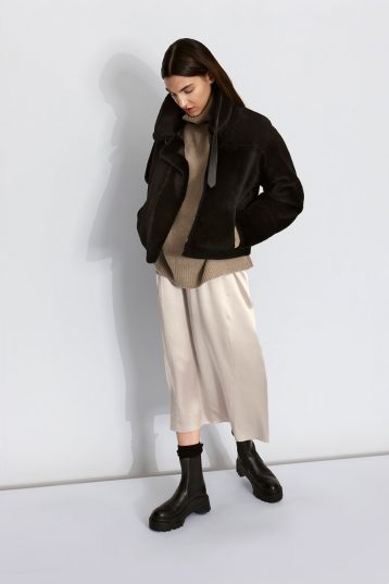 Shearling Aviator Jacket in Black | Women | Gushlow & Cole model