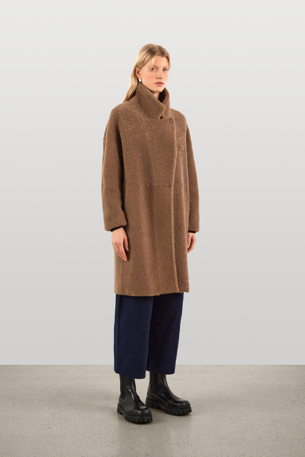 Notch Collar Shearling Coat in Camel | Women | Gushlow & Cole - model length with coat done up