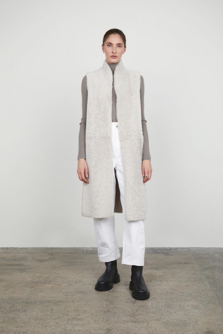 White Stand Collar Long Shearling Gilet gushlow and cole womens shearling model full length front