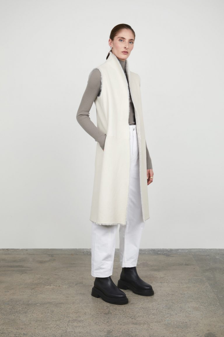 White Stand Collar Long Shearling Gilet gushlow and cole womens shearling model full length front reversed