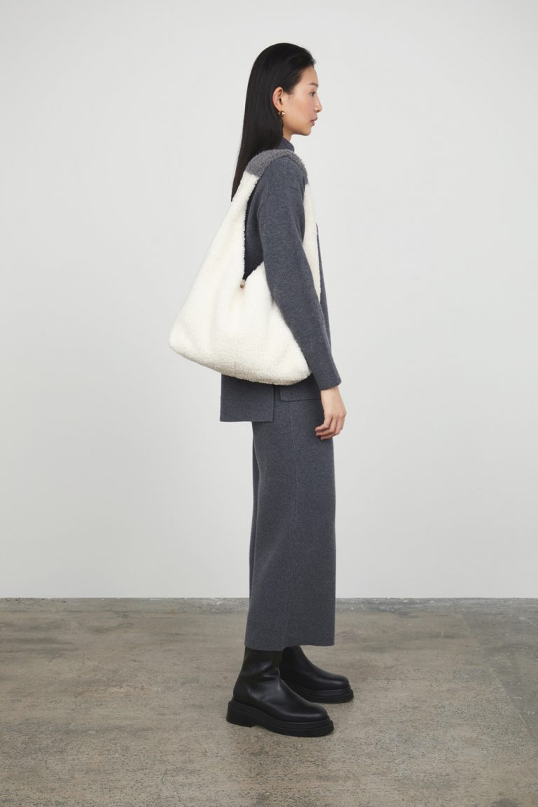 White Shearling Slouch Bag gushlow and cole model full length side