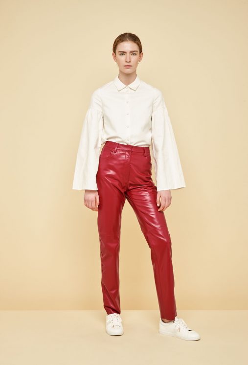 Kylie Jenner Deep Red Leather Straight Fit Trousers Autumn Winter 2019   SASSY DAILY Fashion News