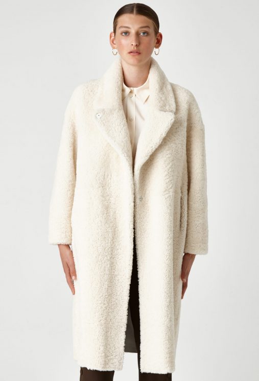 Notch Collar Shearling Coat in White | Women | Gushlow & Cole